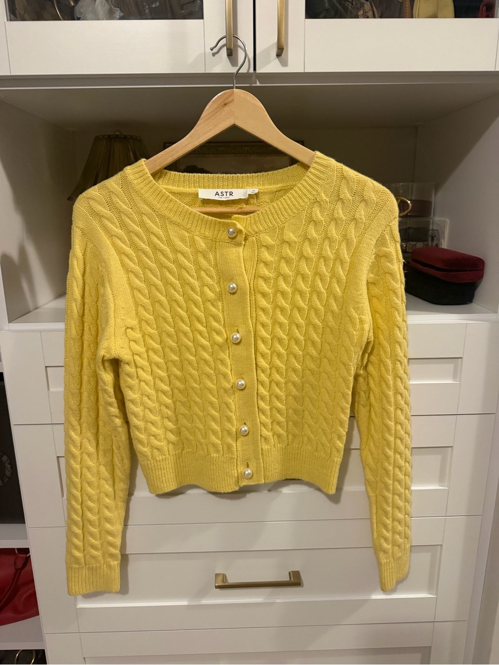 ASTR Pale Yellow Cable Knit Pearl Button Cardigan - Picture 2 of 6